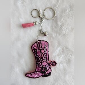 Pink Rhinestone Cowgirl Boot Keychain Bag Charm